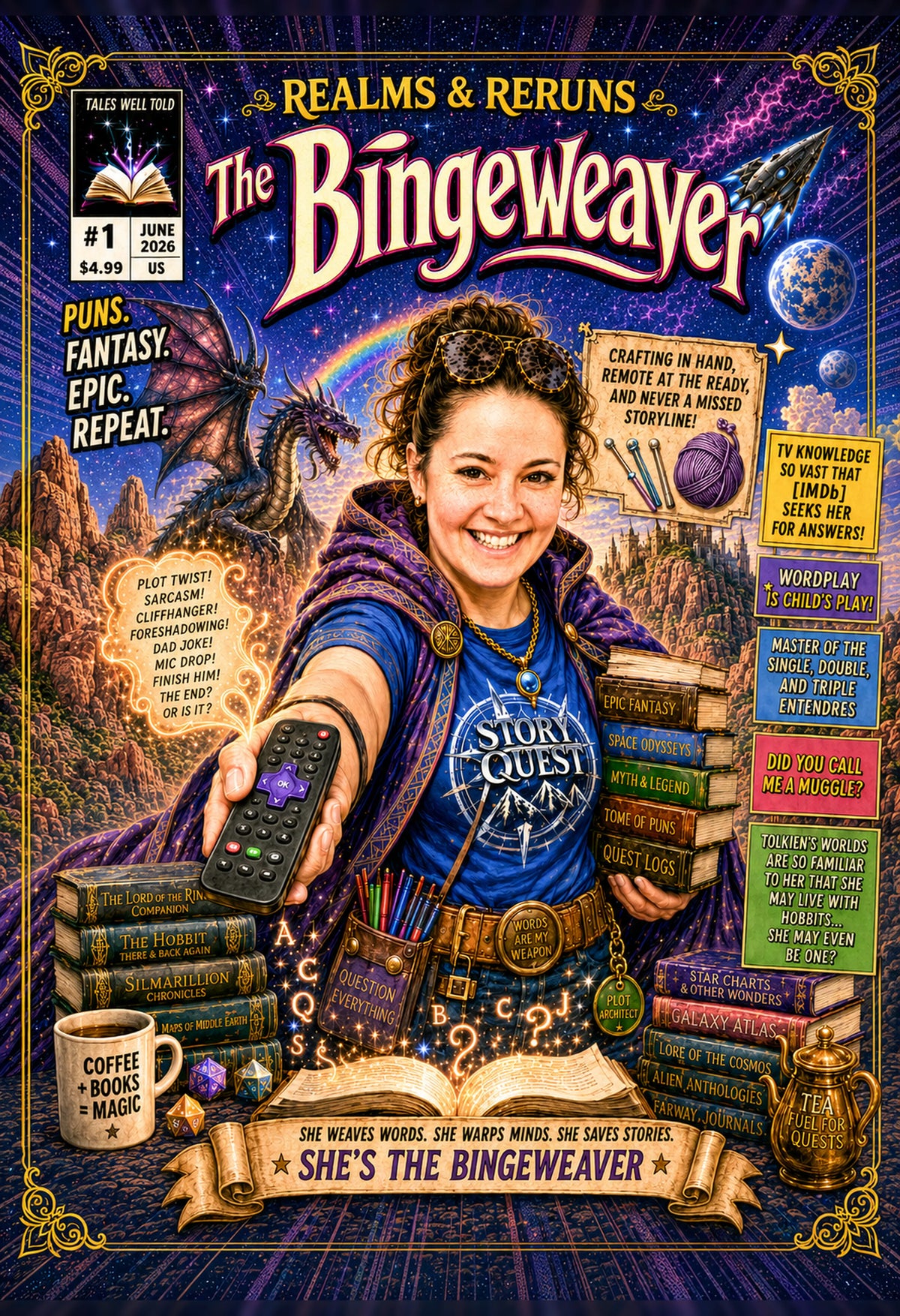 Comic book cover for The Bingeweaver #1 from June 2026, featuring a smiling woman in a purple cloak holding a remote and surrounded by books, magical items, and fantasy scenery. The title 'The Bingeweaver' is prominently displayed at the top.