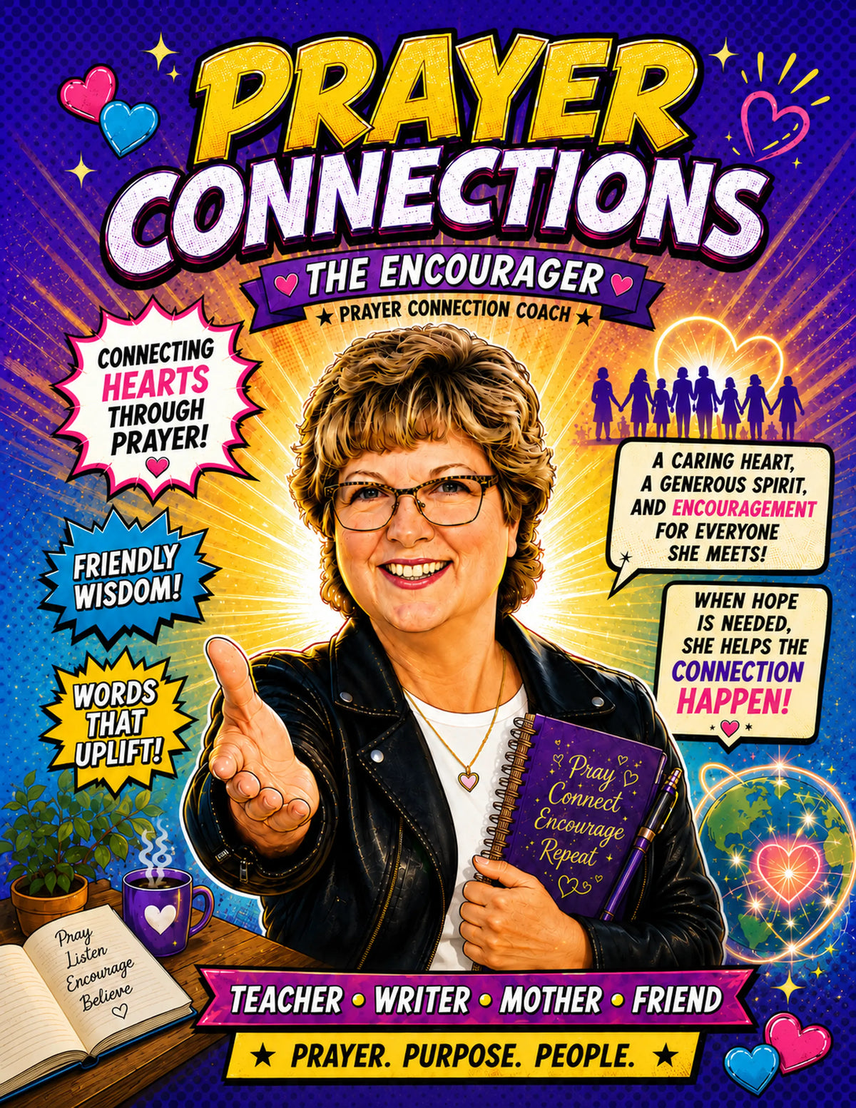 Front cover of the book 'Prayer Connections: The Encourager' featuring a smiling woman in glasses and a black leather jacket holding a purple prayer book, with colorful comic-style callouts and a purple background.