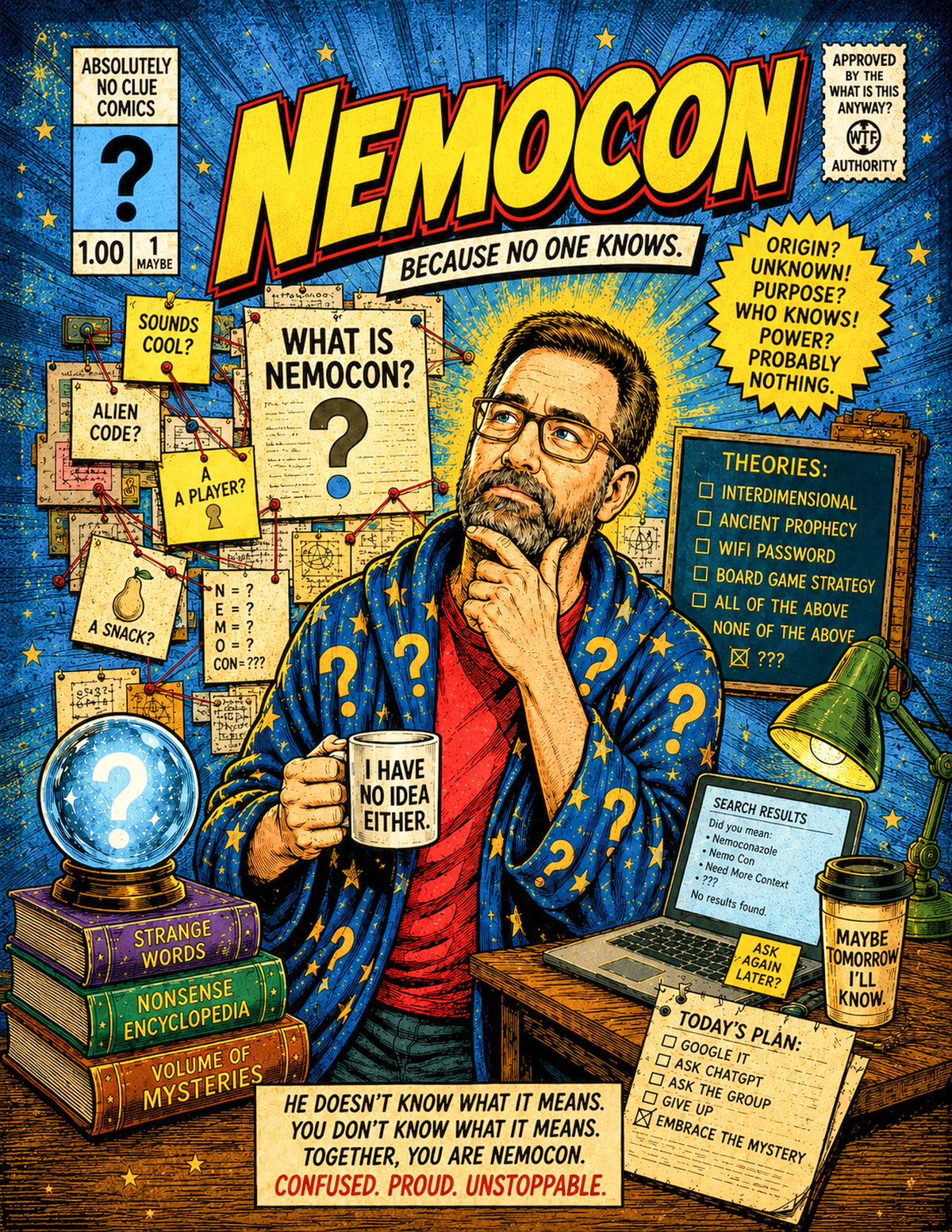 A colorful comic-style poster for Nemocon featuring a man in a blue robe holding a mug with the text 'I HAVE NO IDEA EITHER.' surrounded by mystery-themed props including books, a crystal ball, a laptop, and question marks, with large 'NEMOCON' text at the top.