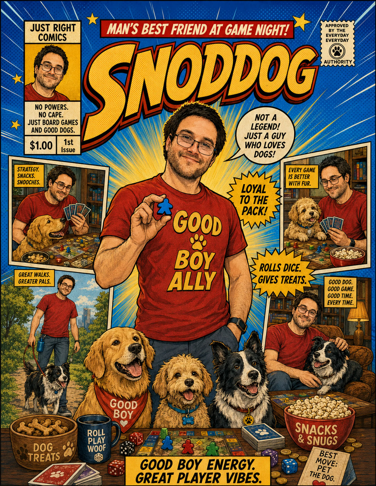 A colorful comic-style poster for Snodog featuring a man in a red 'Good Boy Ally' t-shirt with several dogs around him, surrounded by game-night props like dice, snacks, and cards. The poster includes multiple inset panels, speech bubbles, and bold text such as 'Man's Best Friend at Game Night!' and 'Good Boy Energy, Great Player Vibes.