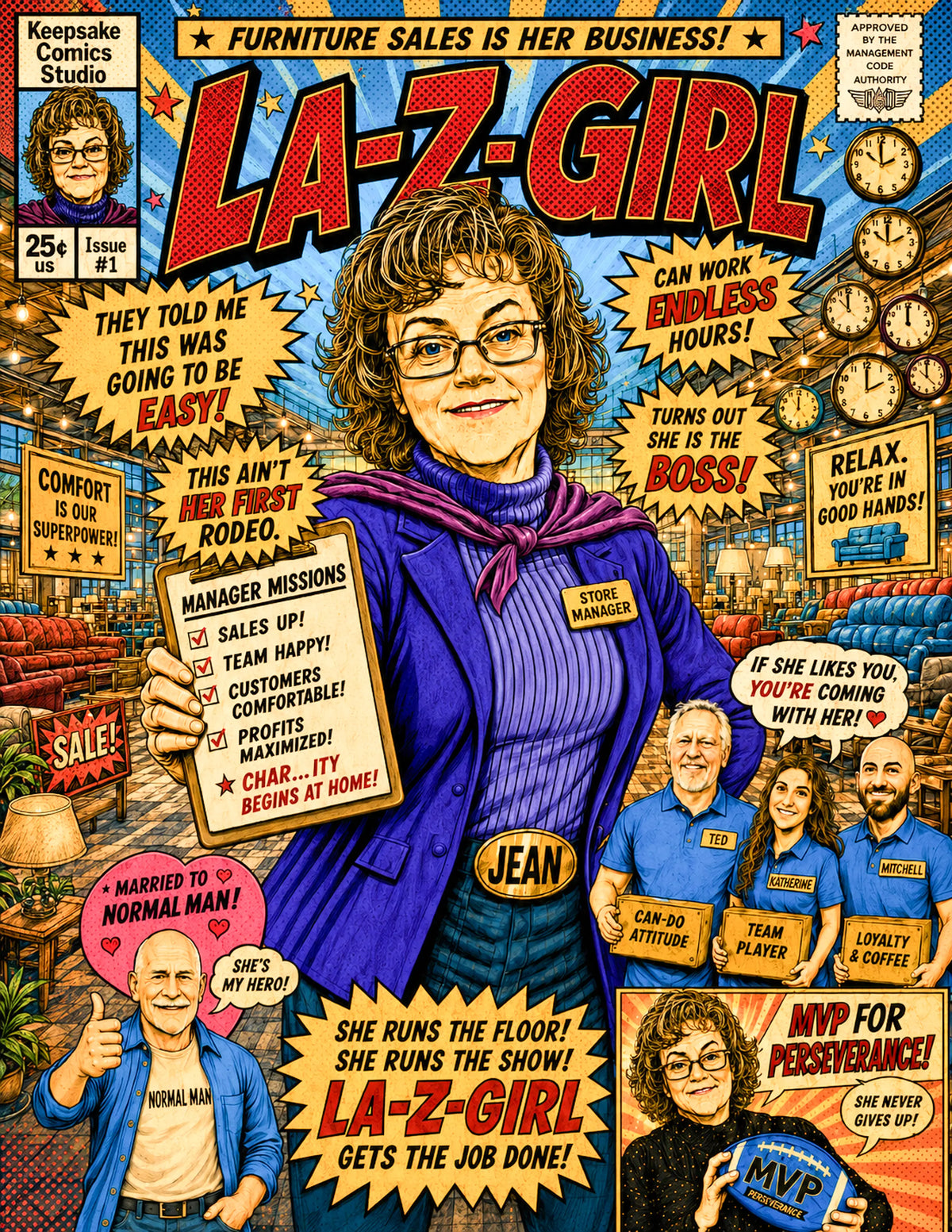 Comic-style illustration of a woman named Jean in a workplace setting with various text bubbles and graphics.
