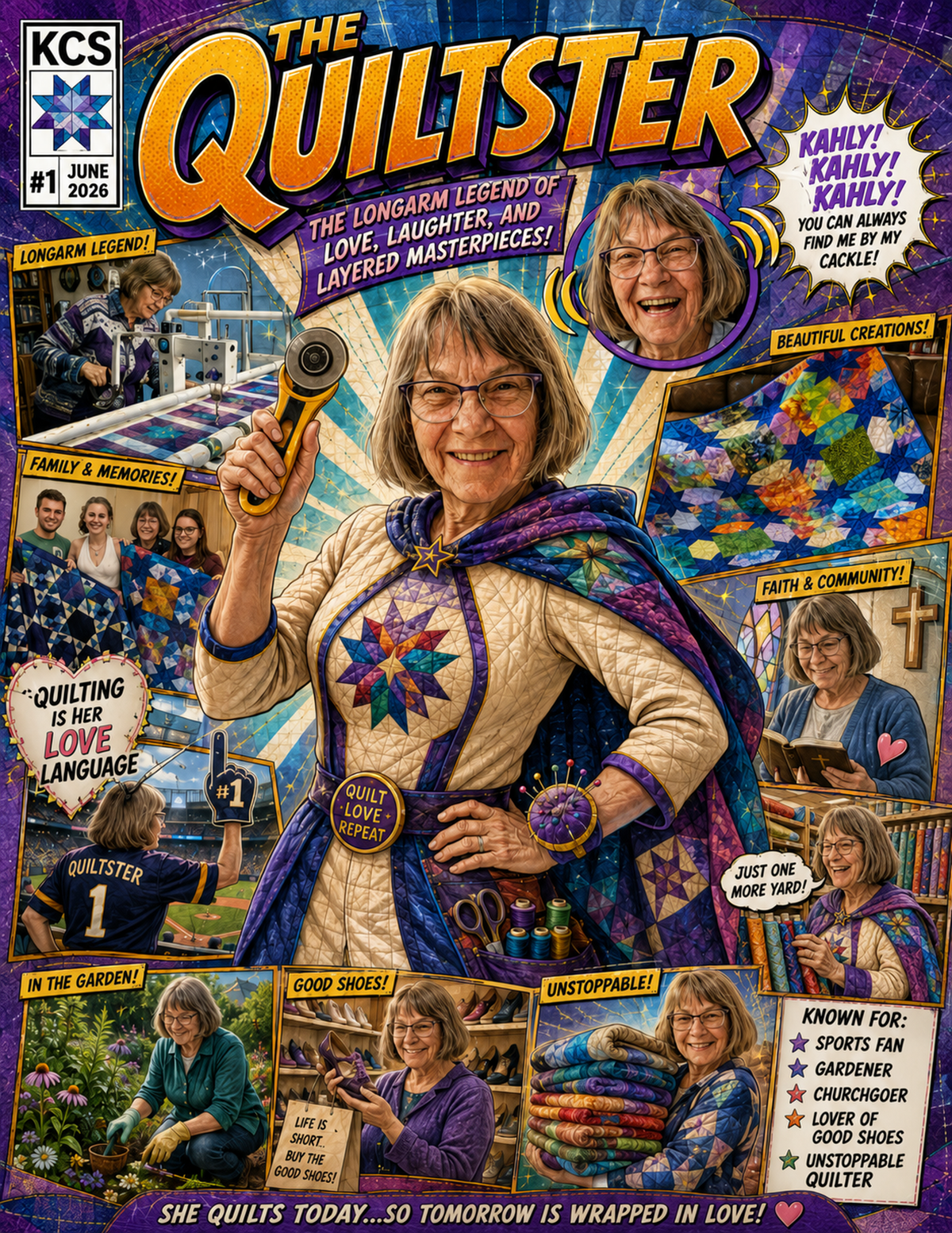 A colorful Comic Cover titled "The Quiltster" featuring a woman in the center holding a rotary cutter, surrounded by multiple inset photos and quilt-related text callouts. The design is busy and highly illustrated, with prominent orange title text and a quilt star motif.