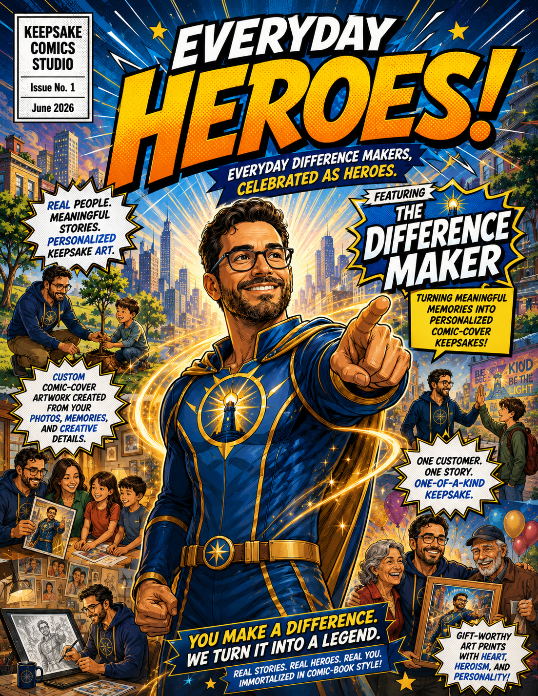 Comic book cover for 'Everyday Heroes! Issue No. 1' from June 2026, published by Keepsake Comics Studio.