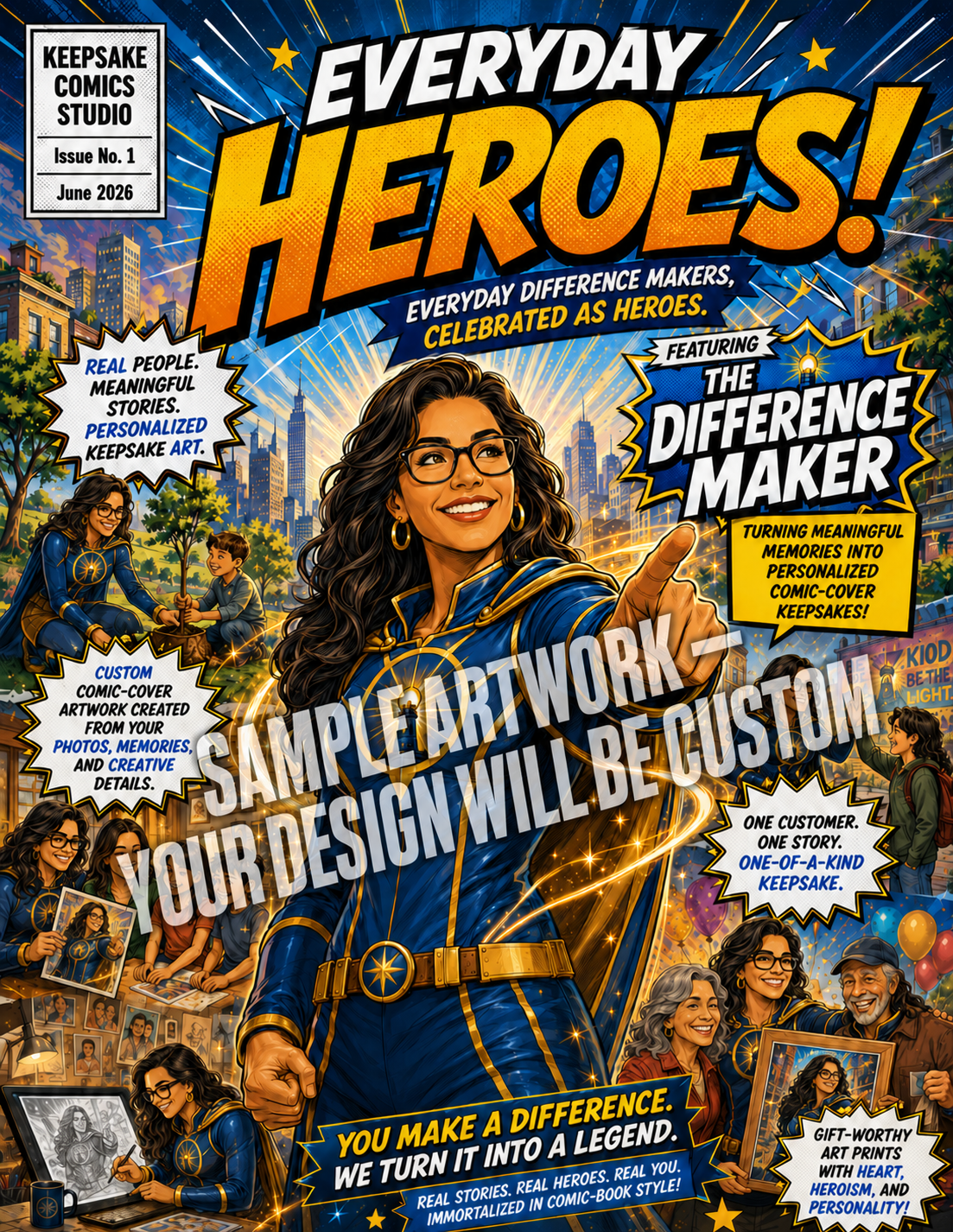 Comic book cover for Everyday Heroes! Issue 1, June 2026, from Keepsake Comics Studio. The cover features a colorful, highly illustrated superhero woman in a blue and gold costume at the center, surrounded by other characters and bold promotional text overlays.